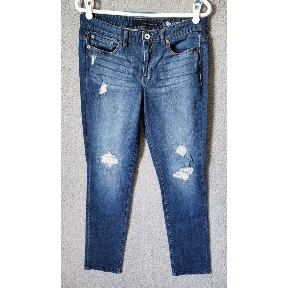 Calvin Klein Womens Ultimate Skinny Denim Jeans Distressed Medium Wash Blue 29/8